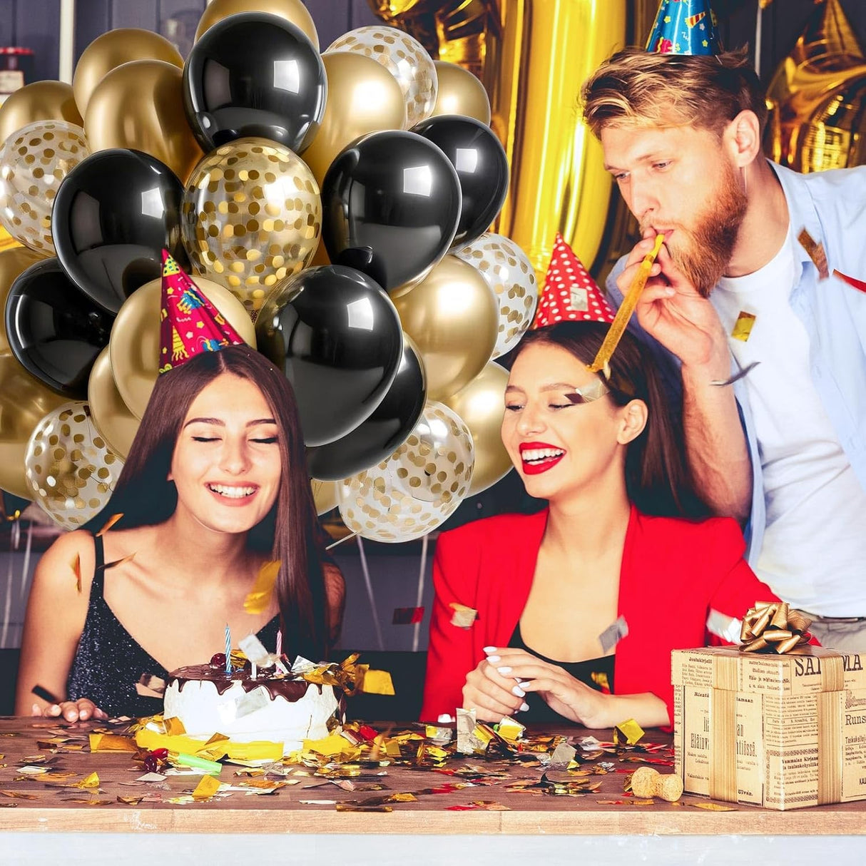 Set 16 Baloane din Latex, Vivimall, Model Party, 30 cm, Auriu, Negru, Confetti, 2.8 g