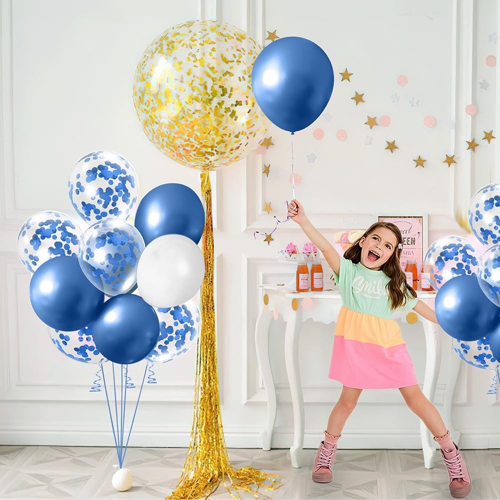 Set 16 Baloane din Latex Metalizate, Vivimall, Model Party, 30 cm, Alb, Albastru, Albastru Chrome, Transparent Confetti 2.8 g