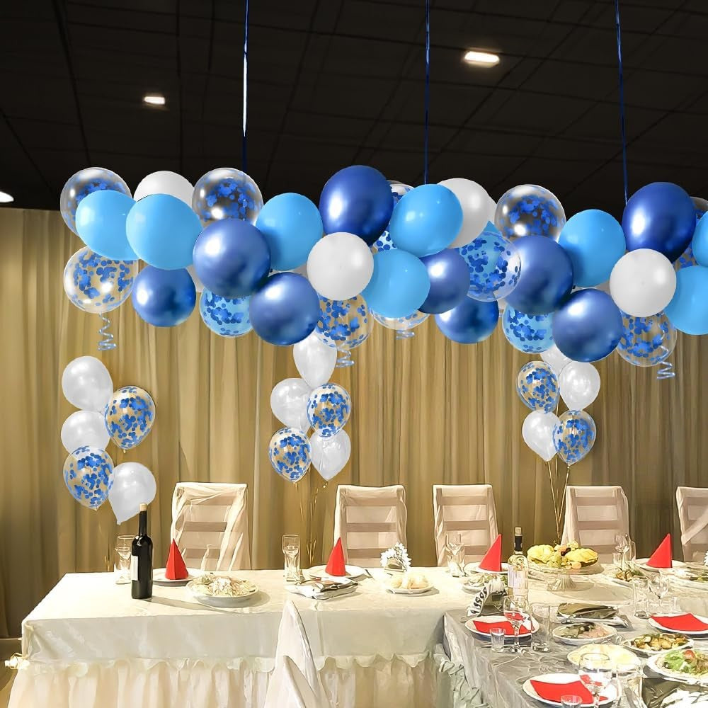 Set 16 Baloane din Latex Metalizate, Vivimall, Model Party, 30 cm, Alb, Albastru, Albastru Chrome, Transparent Confetti 2.8 g