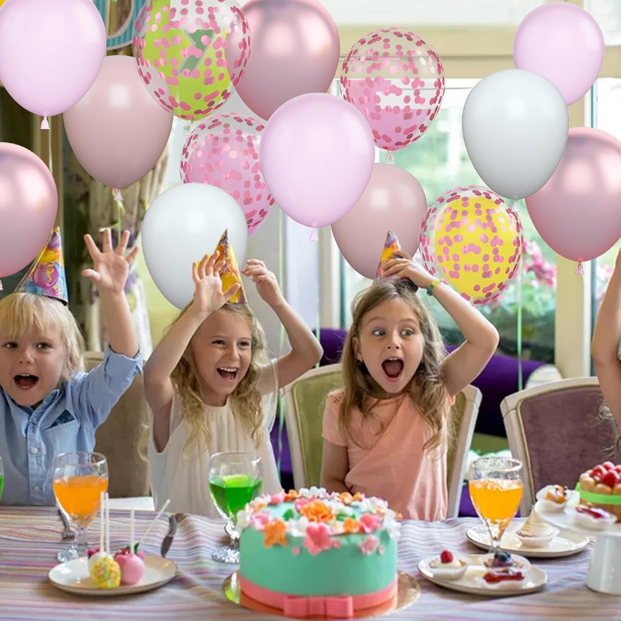 Set 16 Baloane din Latex Metalizate, Vivimall, Model Party, 30 cm, Alb, Roz, Roz Chrome, Transparent Confetti 2.8 g