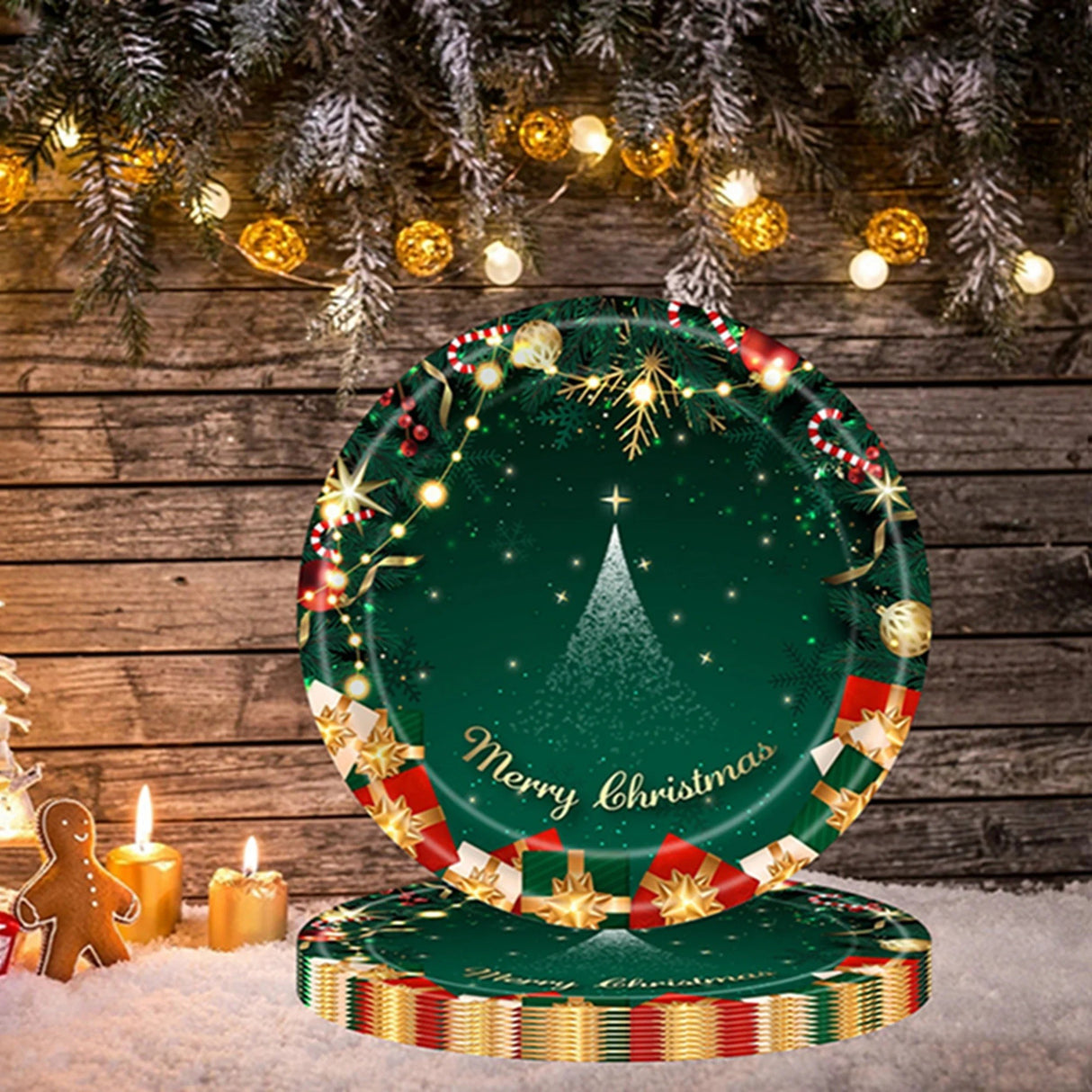 Set 16 Farfurii de Unica Folosinta, Vivimall, Model Brad de Craciun Merry Christmas, Tematica Craciun, 18 cm, Verde - vivimall.ro