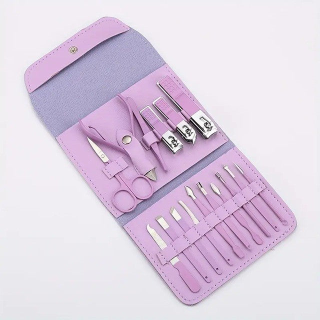Set 16 Piese De Injire Cosmetica, Pentru Manichiura, Pedichiura, Fata, Geanta Organizatoare Din Piele Ecologica Inclusa, Mov - vivimall.ro