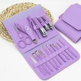 Set 16 Piese De Injire Cosmetica, Pentru Manichiura, Pedichiura, Fata, Geanta Organizatoare Din Piele Ecologica Inclusa, Mov - vivimall.ro