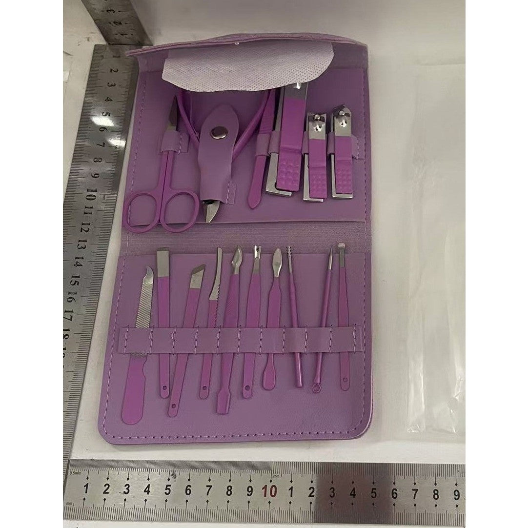 Set 16 Piese De Injire Cosmetica, Pentru Manichiura, Pedichiura, Fata, Geanta Organizatoare Din Piele Ecologica Inclusa, Mov - vivimall.ro