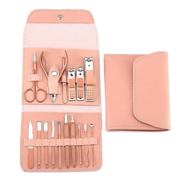 Set 16 Piese De Injire Cosmetica, Pentru Manichiura, Pedichiura, Fata, Geanta Organizatoare Din Piele Ecologica Inclusa, Roz - vivimall.ro