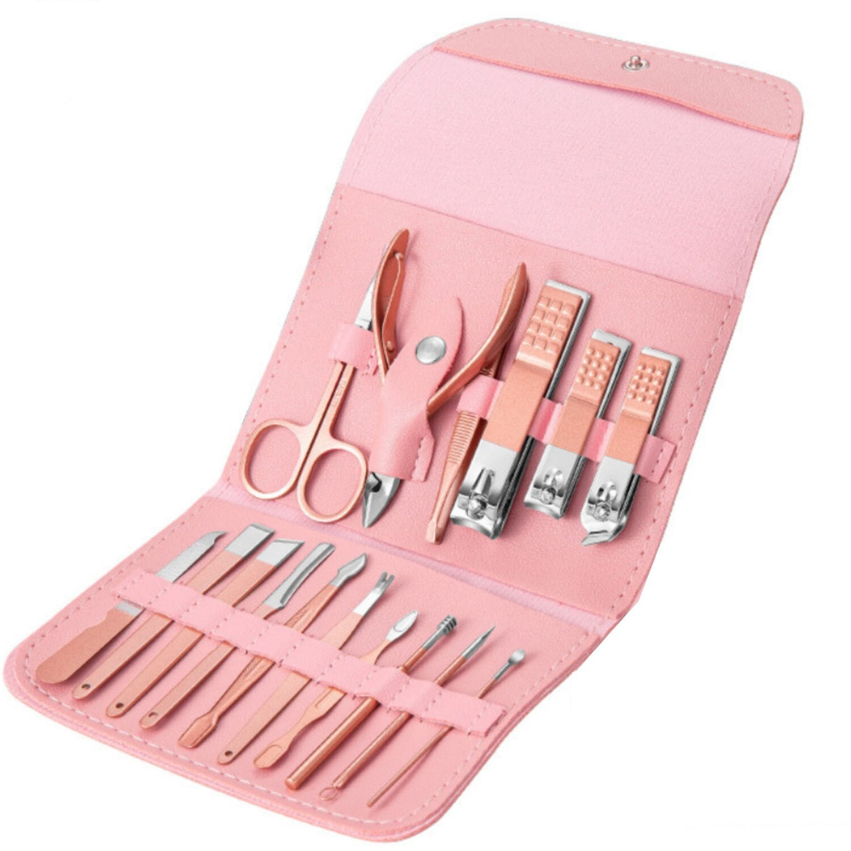 Set 16 Piese De Injire Cosmetica, Pentru Manichiura, Pedichiura, Fata, Geanta Organizatoare Din Piele Ecologica Inclusa, Roz - vivimall.ro