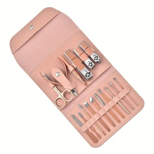 Set 16 Piese De Injire Cosmetica, Pentru Manichiura, Pedichiura, Fata, Geanta Organizatoare Din Piele Ecologica Inclusa, Roz - vivimall.ro