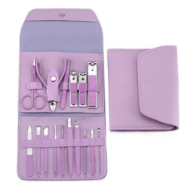 Set 16 Piese De Injire Cosmetica, Pentru Manichiura, Pedichiura, Fata, Geanta Organizatoare Din Piele Ecologica Inclusa, Mov - vivimall.ro
