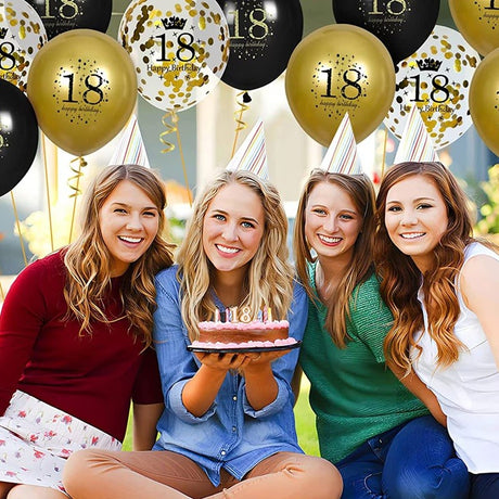 Set 18 Baloane Majorat, Vivimall, din Latex, Metalizate, Mesaj 18 Happy Birthday, 30 cm, cu Confetti, Auriu/Negru