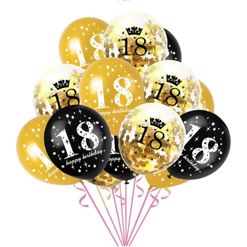 Set 18 Baloane Majorat, Din Latex, Metalizate, Mesaj 18 Happy Birthday, 30 Cm, Cu Confetti, /Negru - vivimall.ro