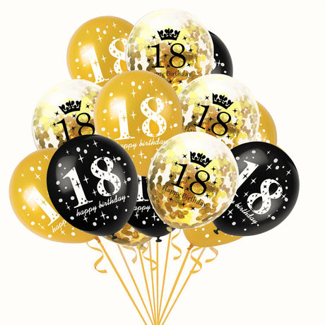 Set 18 Baloane Majorat, Din Latex, Metalizate, Mesaj 18 Happy Birthday, 30 Cm, Cu Confetti, /Negru - vivimall.ro