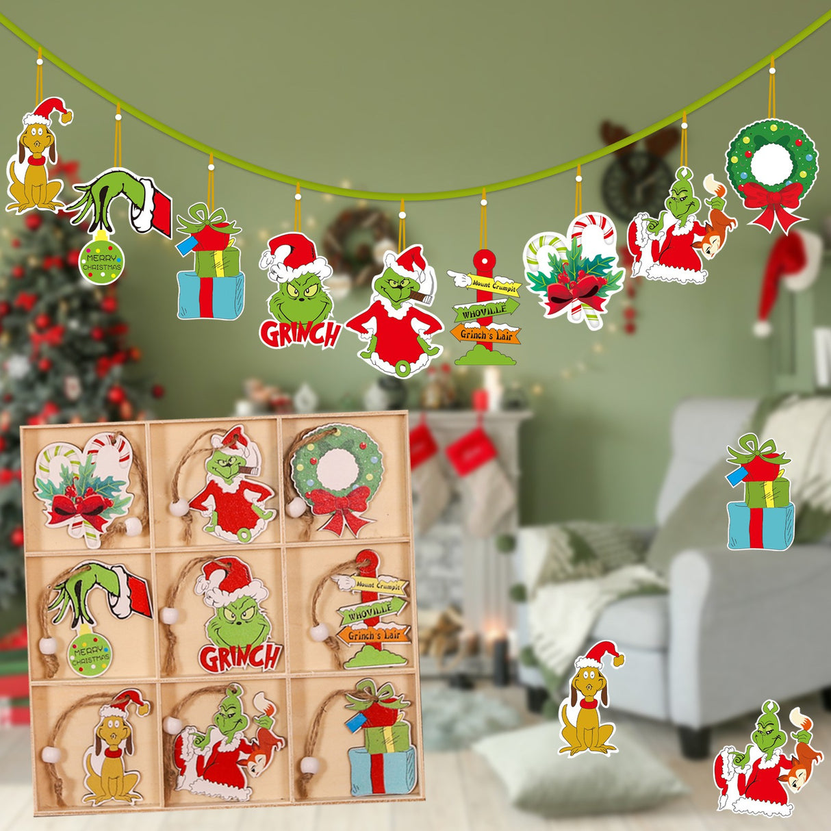Set 18 Decoratiuni De Craciun Din Lemn, Cu Snur Pentru Agatare In Brad, Diferite Dimensiuni - vivimall.ro
