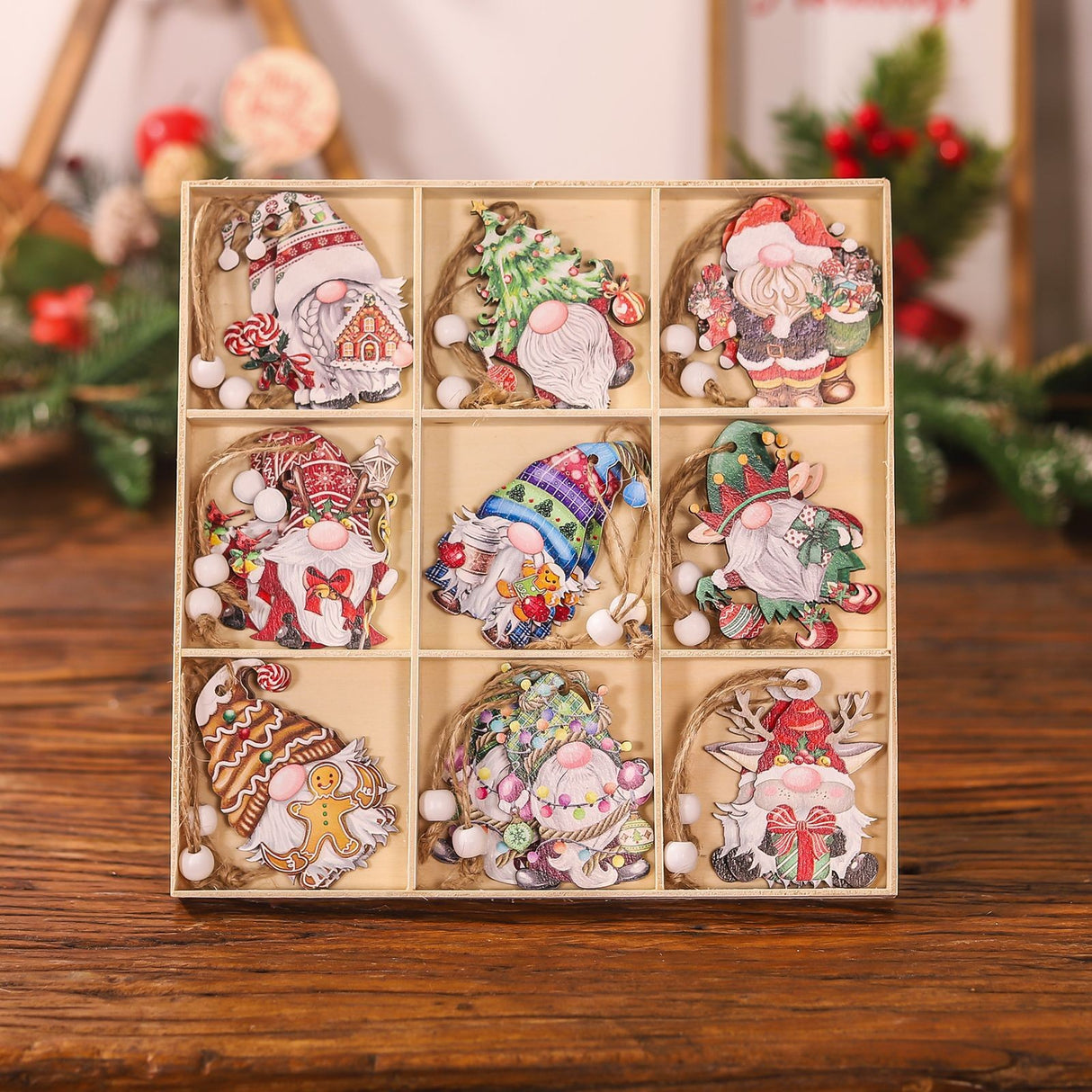 Set 18 Decoratiuni De Craciun Din Lemn, Cu Snur Pentru Agatare In Brad, Diferite Dimensiuni - vivimall.ro