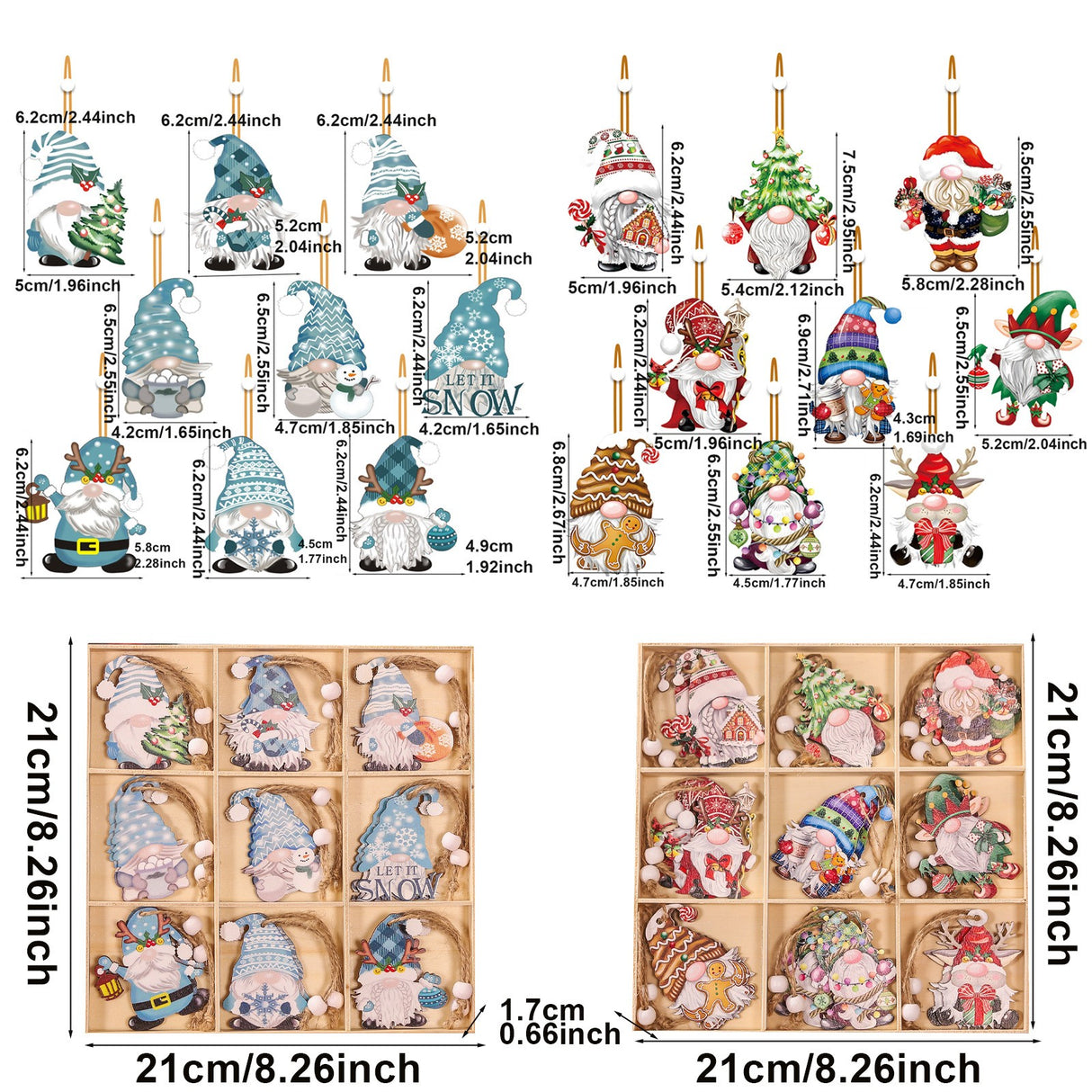 Set 18 Decoratiuni De Craciun Din Lemn, Cu Snur Pentru Agatare In Brad, Diferite Dimensiuni - vivimall.ro