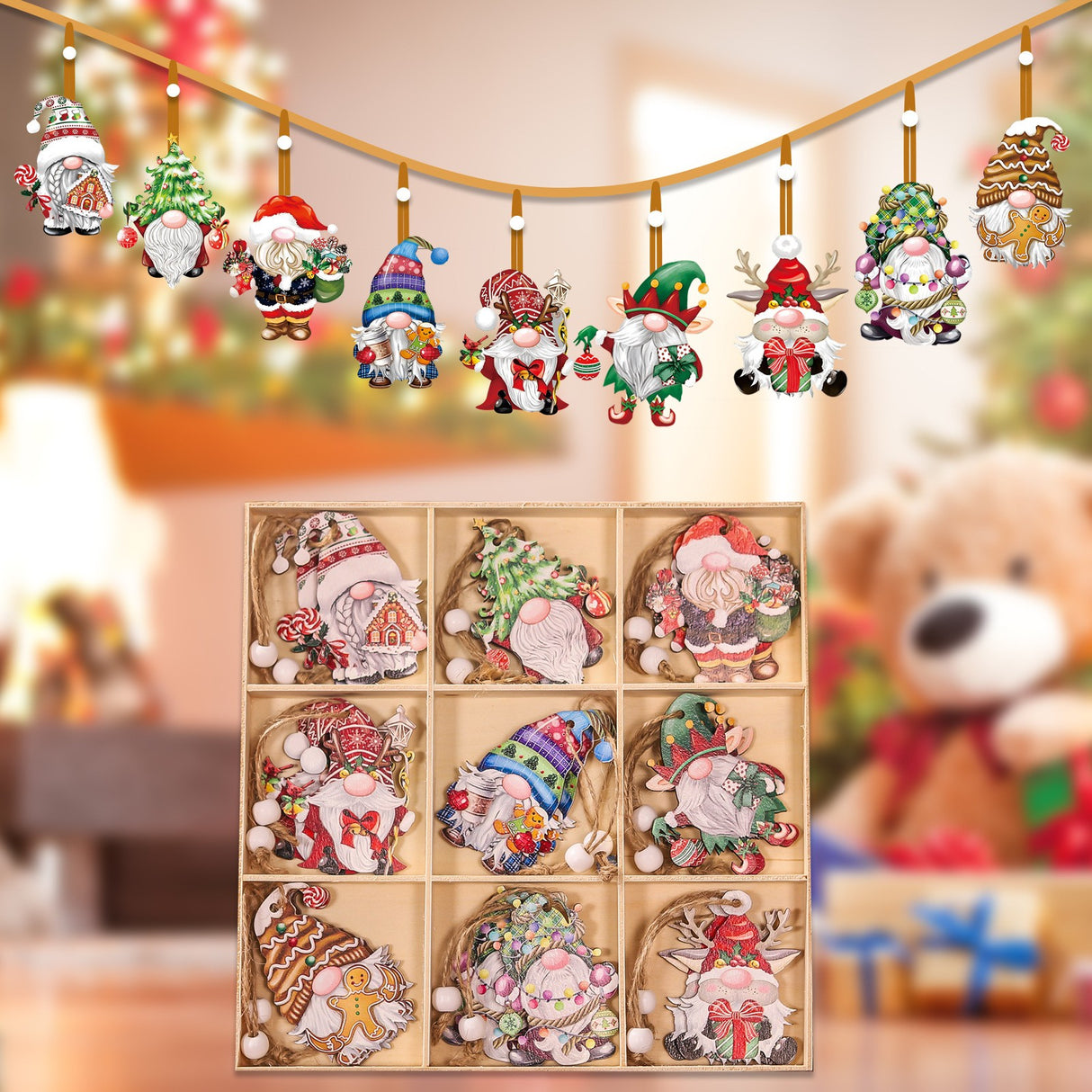 Set 18 Decoratiuni De Craciun Din Lemn, Cu Snur Pentru Agatare In Brad, Diferite Dimensiuni - vivimall.ro