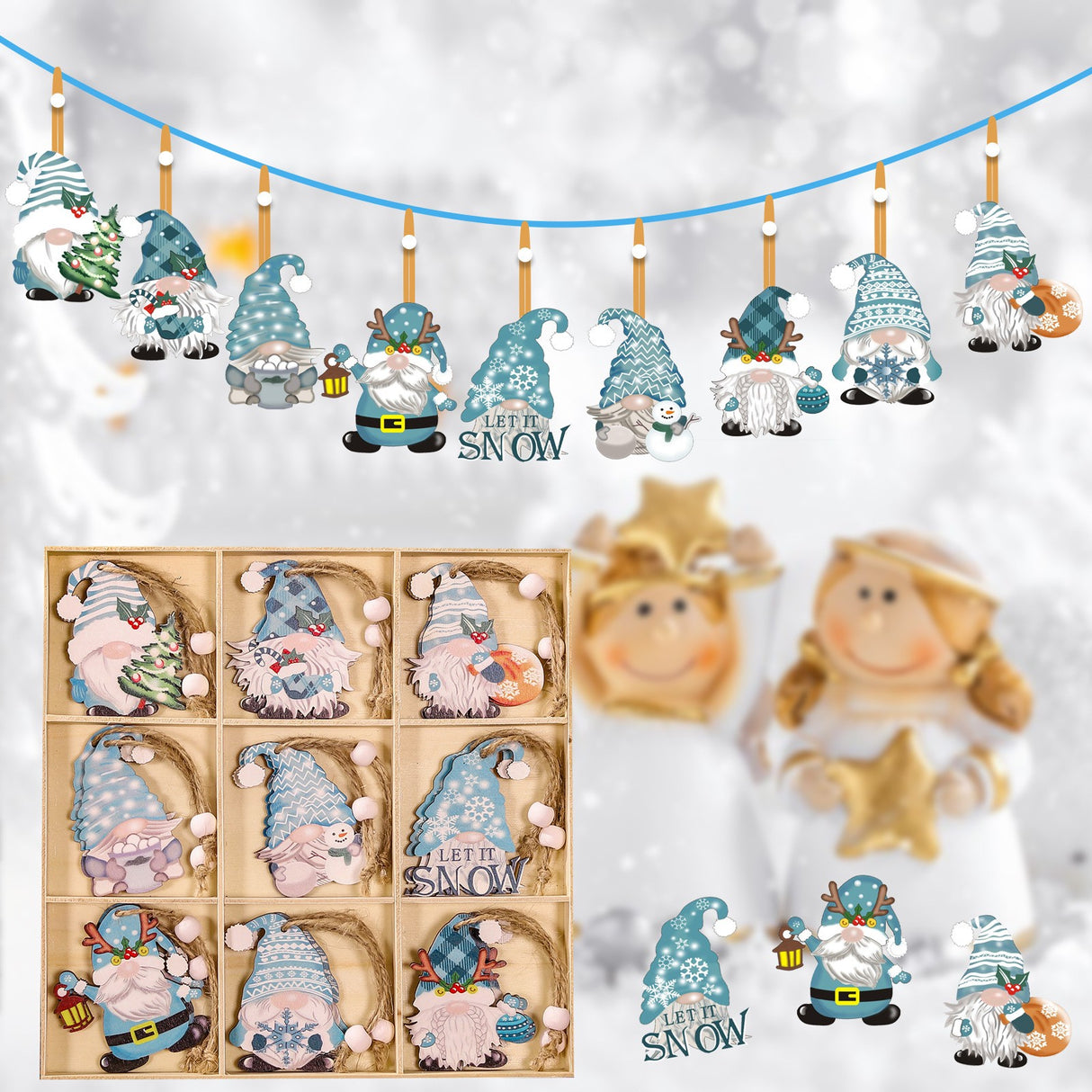 Set 18 Decoratiuni De Craciun Din Lemn, Cu Snur Pentru Agatare In Brad, Diferite Dimensiuni - vivimall.ro