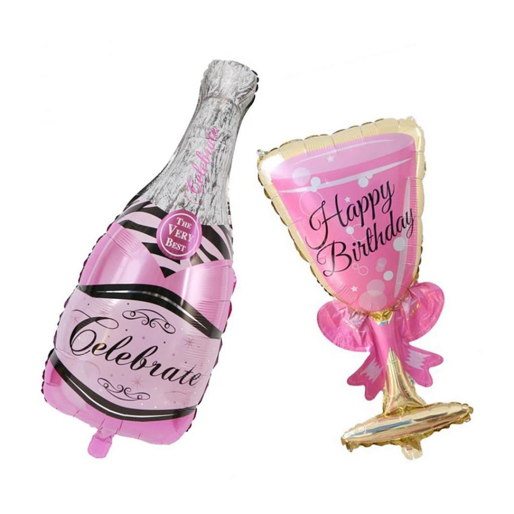 Set 2 Baloane din Folie Metalizata, Flippy, tematica Aniversare HAPPY BIRTHDAY, Figurine Model Sticla de Sampanie 50 x 108 cm si Pahar 48 x 93 cm, Roz