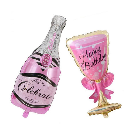 Set 2 Baloane din Folie Metalizata, Flippy, tematica Aniversare HAPPY BIRTHDAY, Figurine Model Sticla de Sampanie 50 x 108 cm si Pahar 48 x 93 cm, Roz