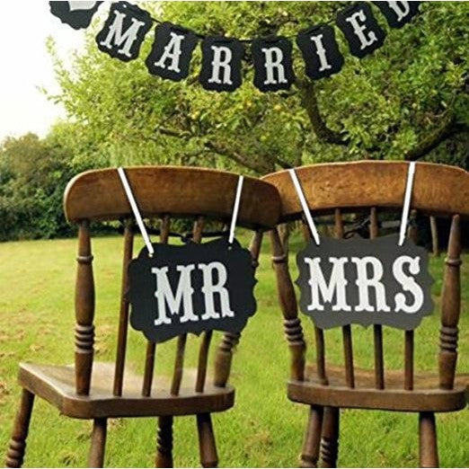 Set 2 Bannere, Vivimall, cu Agatatoare, Tematica Nunta, Pancarde Model Mr si Mrs, Negru - vivimall.ro