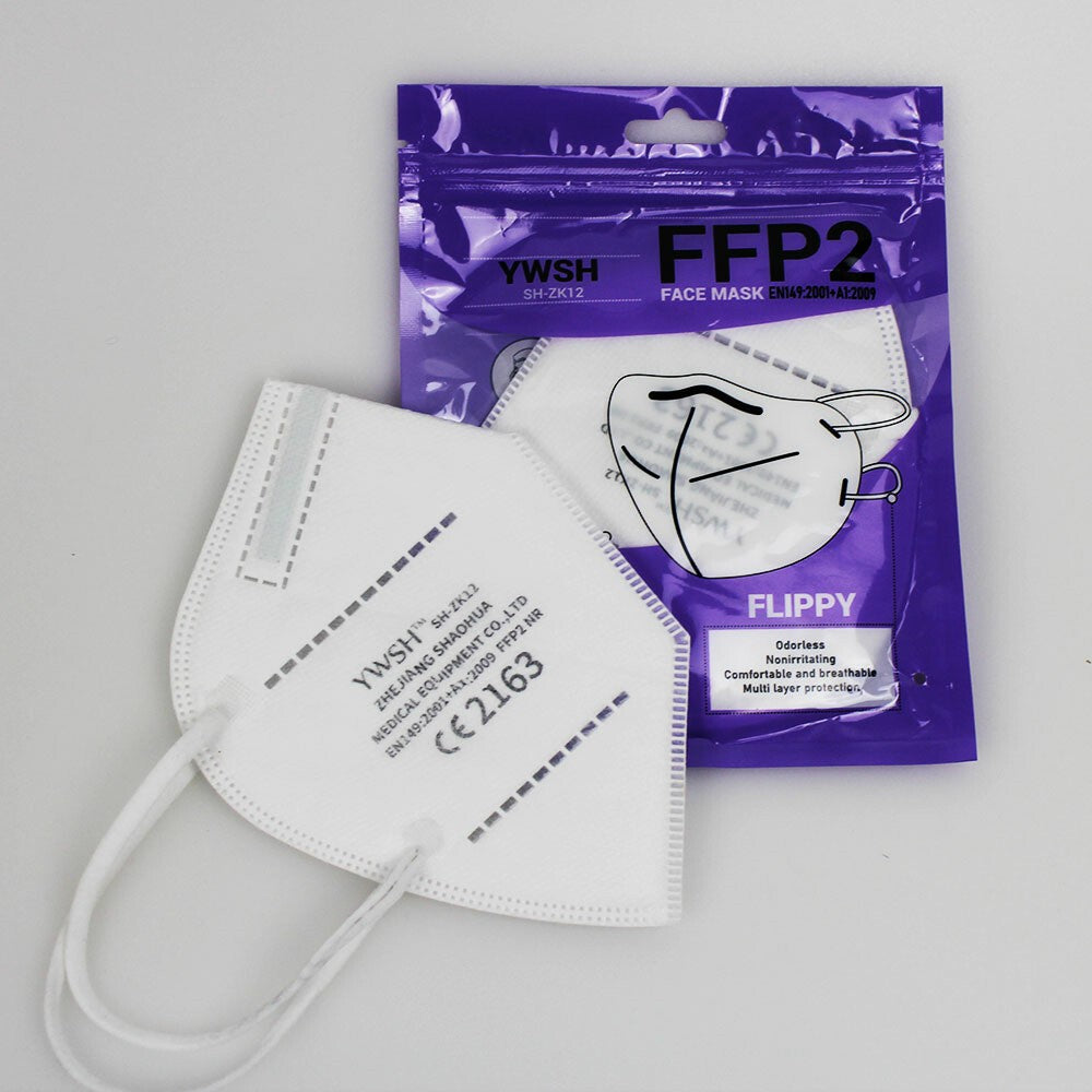 Set 2 bucati Masca de protectie faciala, Flippy®️, de unica folosinta, FFP2 CE 2163, 5 straturi, nesterila, ambalaj individual, Alb - vivimall.ro
