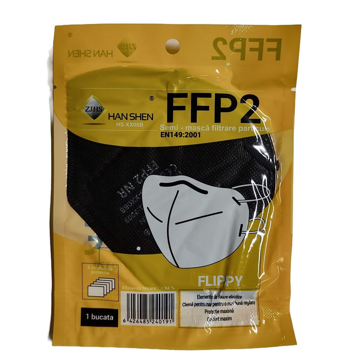 Set 2 Bucati Masca De Protectie Faciala, De Unica Folosinta Pentru Adulti, Ffp2, Kn95 Ce 0370, 5 Straturi, Nesterila, Ambalaj Individual