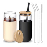 Set 2 Pahare Din Sticla Termoizolante Transparente, Capace Si Paie Incluse, 500 Ml, Silicon Negru Si Crem - vivimall.ro