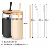 Set 2 Pahare din Sticla Termoizolante Transparente, Vivimall, Capace si Paie Incluse, 500 mL, Silicon Negru si Crem - vivimall.ro