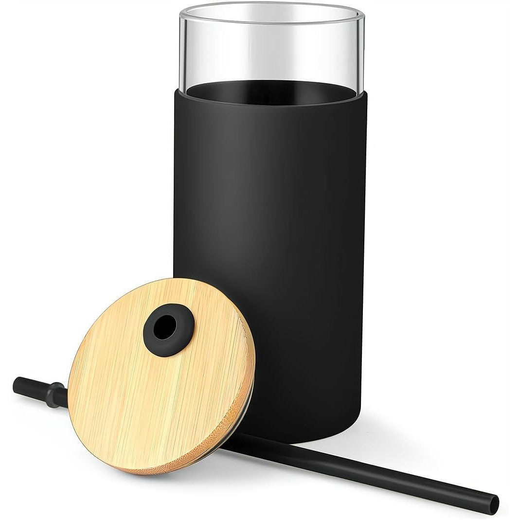 Set 2 Pahare Din Sticla Termoizolante Transparente, Capace Si Paie Incluse, 500 Ml, Silicon Negru Si Crem - vivimall.ro