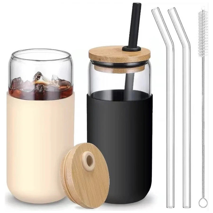 Set 2 Pahare Din Sticla Termoizolante Transparente, Capace Si Paie Incluse, 500 Ml, Silicon Negru Si Crem - vivimall.ro