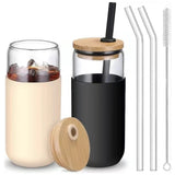 Set 2 Pahare din Sticla Termoizolante Transparente, Vivimall, Capace si Paie Incluse, 500 mL, Silicon Negru si Crem - vivimall.ro