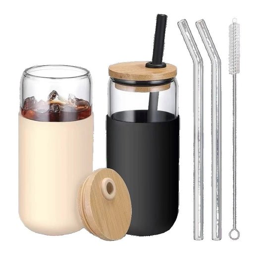 Set 2 Pahare din Sticla Termoizolante Transparente, Vivimall, Capace si Paie Incluse, 500 mL, Silicon Negru si Crem - vivimall.ro