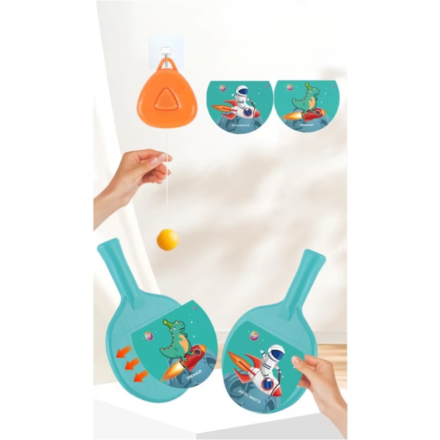 Set 2 Palete de Tenis de Masa, Flippy, pentru Copii, Design Animat, Tematica Astronauti, Accesoriu de Agatat Inclus si 4 Mingi, Albastru