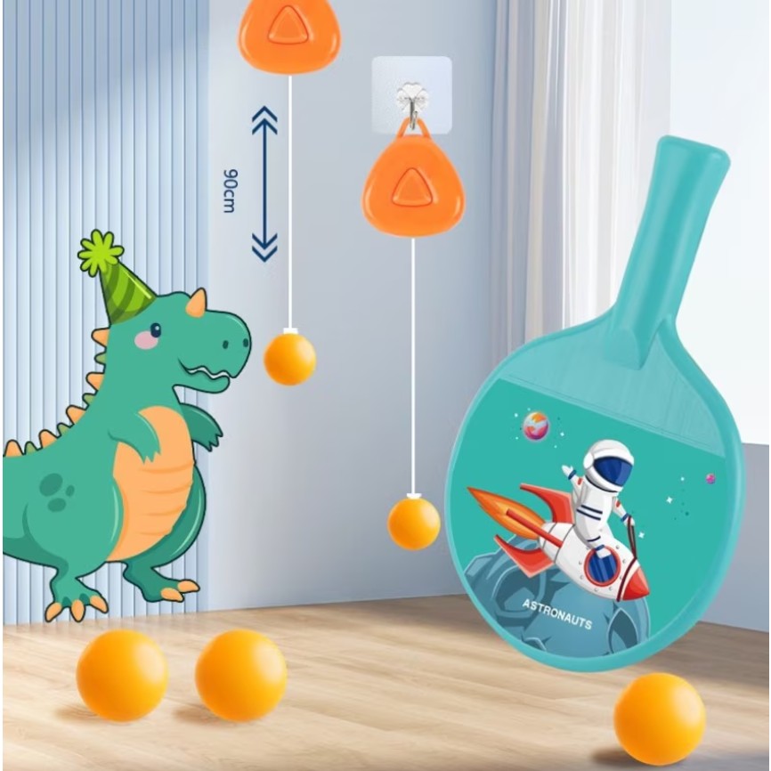 Set 2 Palete De Tenis De Masa, Pentru Copii, Design Animat, Tematica Astronauti, Accesoriu De Agatat Inclus Si 2 Mingi, Albastru - vivimall.ro