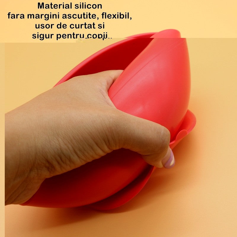 Set 2 Piese Diversificare Bebelusi Si Copii Din Silicon Bol Cu Ventuza, Lingurita Din Lemn Si Silicon, Pentru Gustari, Fara Alergeni