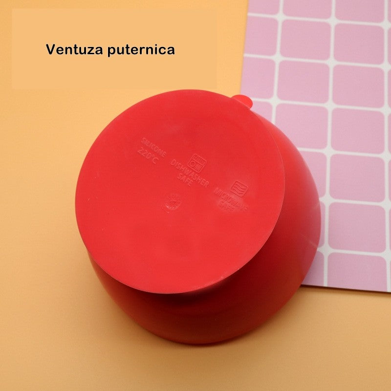 Set 2 Piese Diversificare Bebelusi Si Copii Din Silicon Bol Cu Ventuza, Lingurita Din Lemn Si Silicon, Pentru Gustari, Fara Alergeni