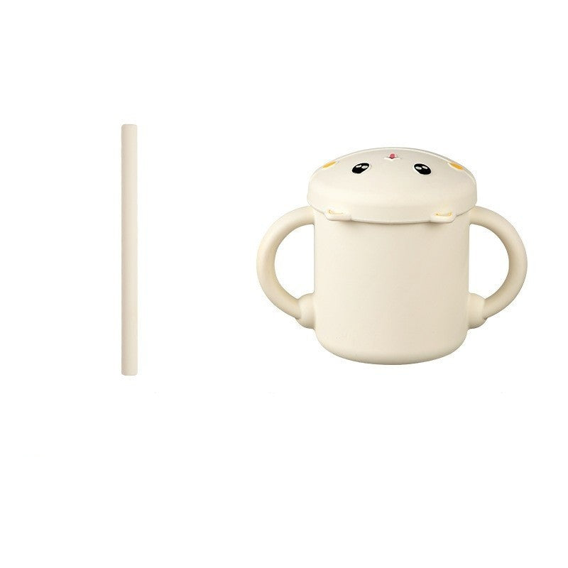 Set 2 Piese Hranire Bebelusi si Copii, Flippy, Cana cu Capac si Pai, din Silicon, fara BPA, de la 12 Luni, Model Pisicuta, 12 x 9.5 x 11 cm, Bej