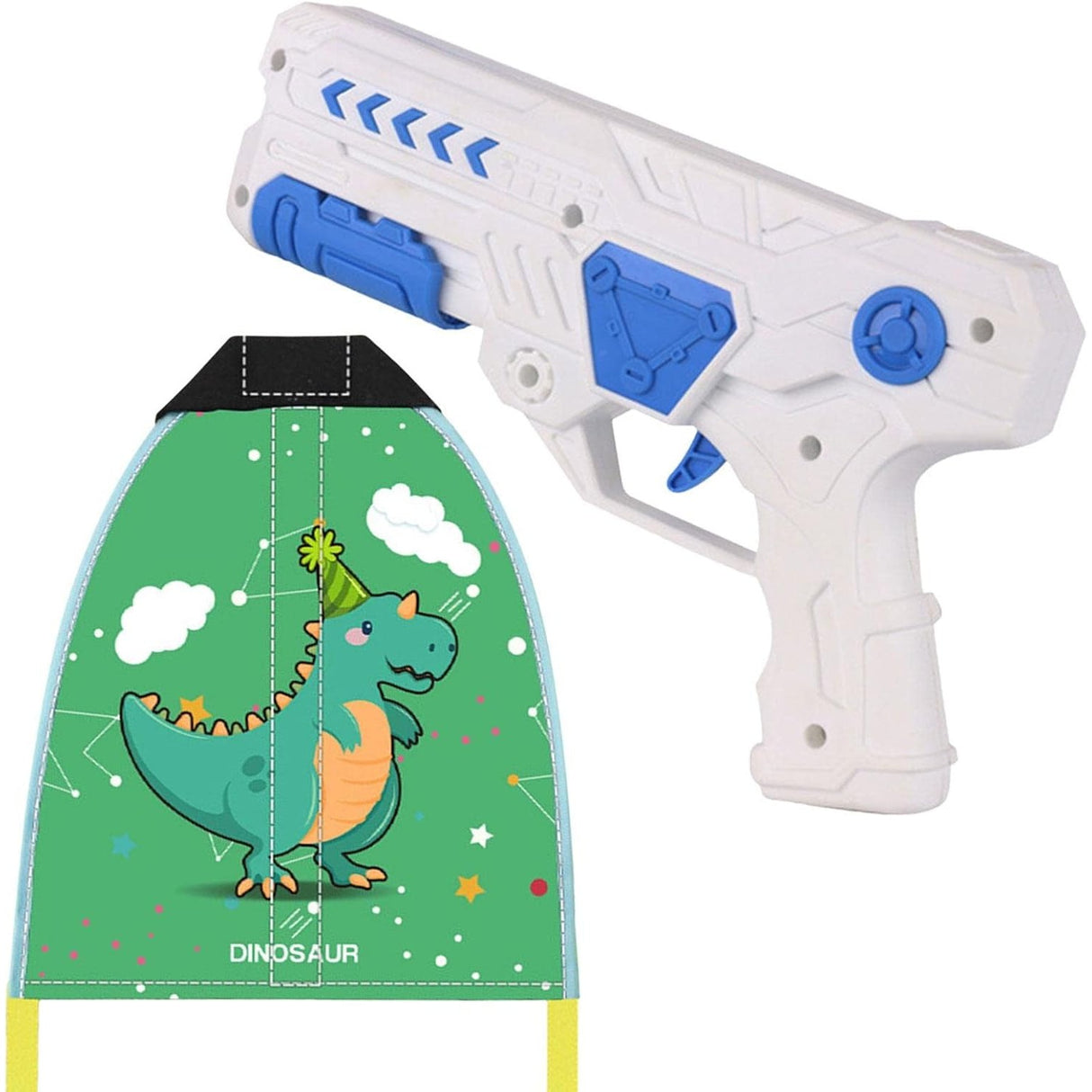 Set 2 Piese Jucarie Interactiva, Flippy, Pistol de Catapultare + Zmeu, din Plastic si Panza, +8 Ani, Impermeabil, Model Dinozaur Verde, Multicolor