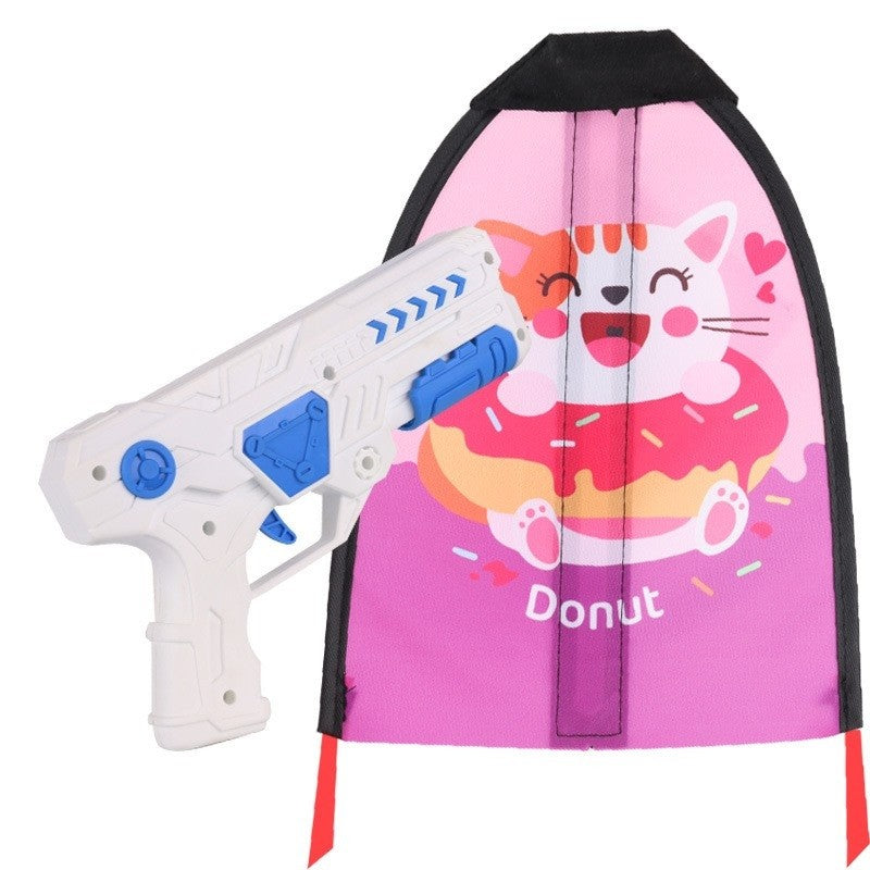 Set 2 Piese Jucarie Interactiva, Pistol De Catapultare + Zmeu, Din Plastic Si Panza, +8 Ani, Impermeabil, Model Pisicuta Cu Gogoasa, Multicolor
