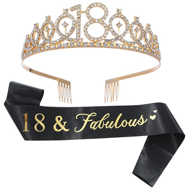 Set 2 Piese pentru Majorat, Vivimall, 15 x 13 x 5 cm, Coronita Printesa Gold si Panglica 18&amp;Fabulous, Negru - vivimall.ro