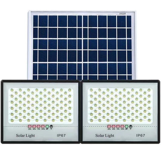 Set 2 proiectoare LED cu Panou Solar Vivimall, Senzor de miscare, Telecomanda, Waterproof, 322*2  LED-uri incorporate, 200W, 30*24 cm, IP67, Design Modern, Negru - vivimall.ro