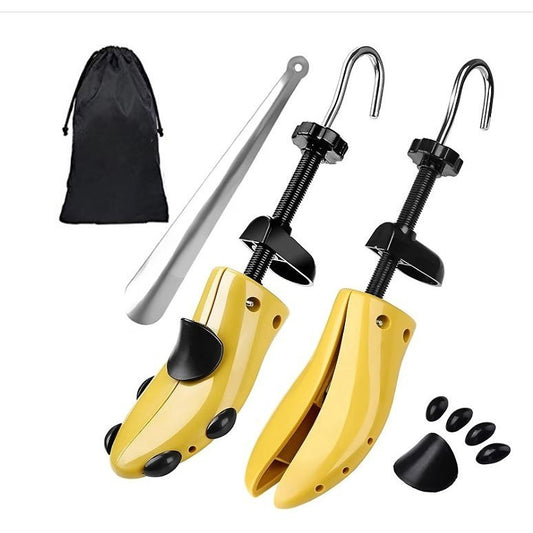 Set 2 Sanuri/Calapoade Reglabilile, Vivimall, pentru Alungit si Largit Pantofi, Geanta si Incaltator Incluse, Universale, Unisex, din ABS Premium, Arc, Marime 40 - 47, Galben/Negru - vivimall.ro