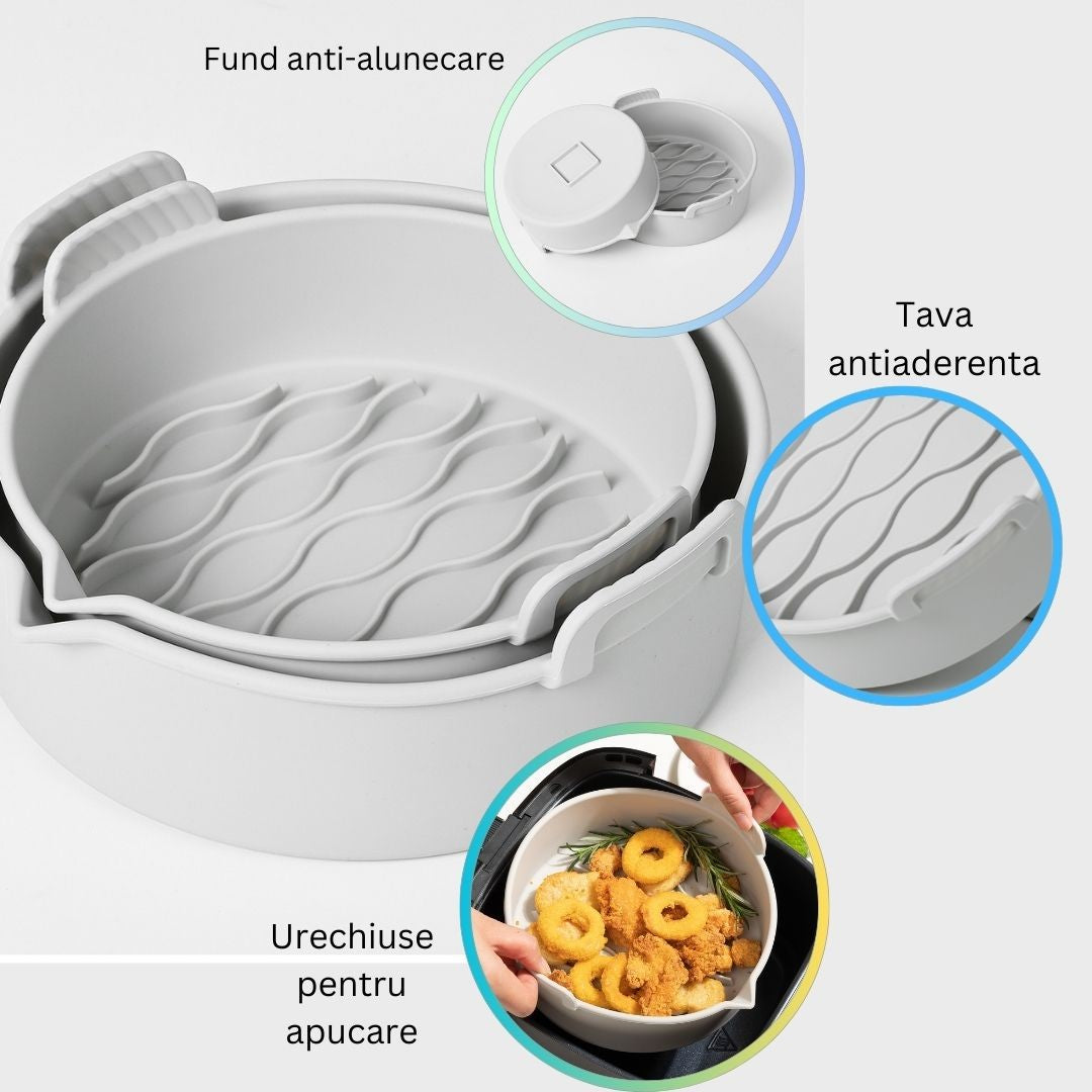 Set 2 Tavi Din Silicon Ecologic Pentru Air Fryer Temperatura Maxima 230 Grade, Reutilizabile, Reciclabile, Cu Manere Anti-Alunecare, Fund Antiaderent, 18.7 X 19.5 X 7 Cm, Gri - vivimall.ro