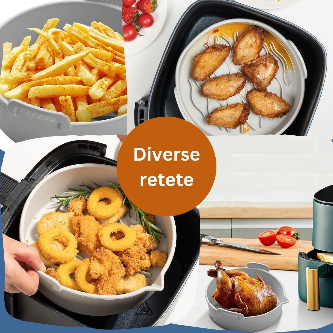 Set 2 Tavi Din Silicon Ecologic Pentru Air Fryer Temperatura Maxima 230 Grade, Reutilizabile, Reciclabile, Cu Manere Anti-Alunecare, Fund Antiaderent, 18.7 X 19.5 X 7 Cm, Gri - vivimall.ro