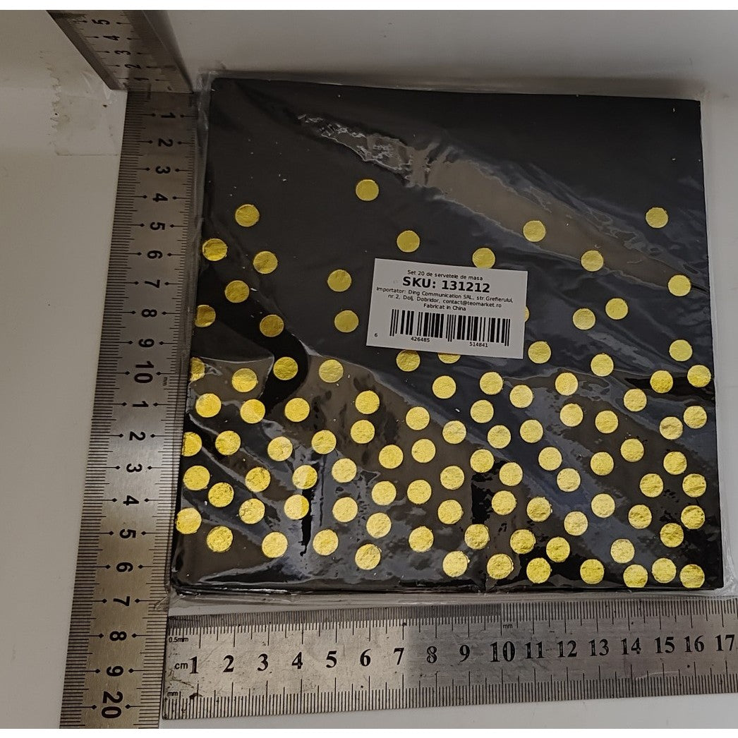 Set 20 de Servetele de Masa, Flippy, Imprimeu cu Buline Aurii, din Hartie, 17 x 17 cm, Negru