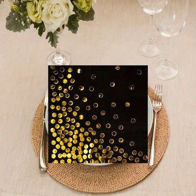 Set 20 de Servetele de Masa, Flippy, Imprimeu cu Buline Aurii, din Hartie, 17 x 17 cm, Negru