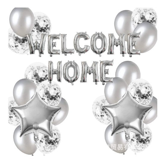Set baloane folie si latex, Flippy, WELCOME HOME, 22 de piese, 20 baloane latex, 2 baloane stea Folie, 1 set Welcome Home, Argintiu
