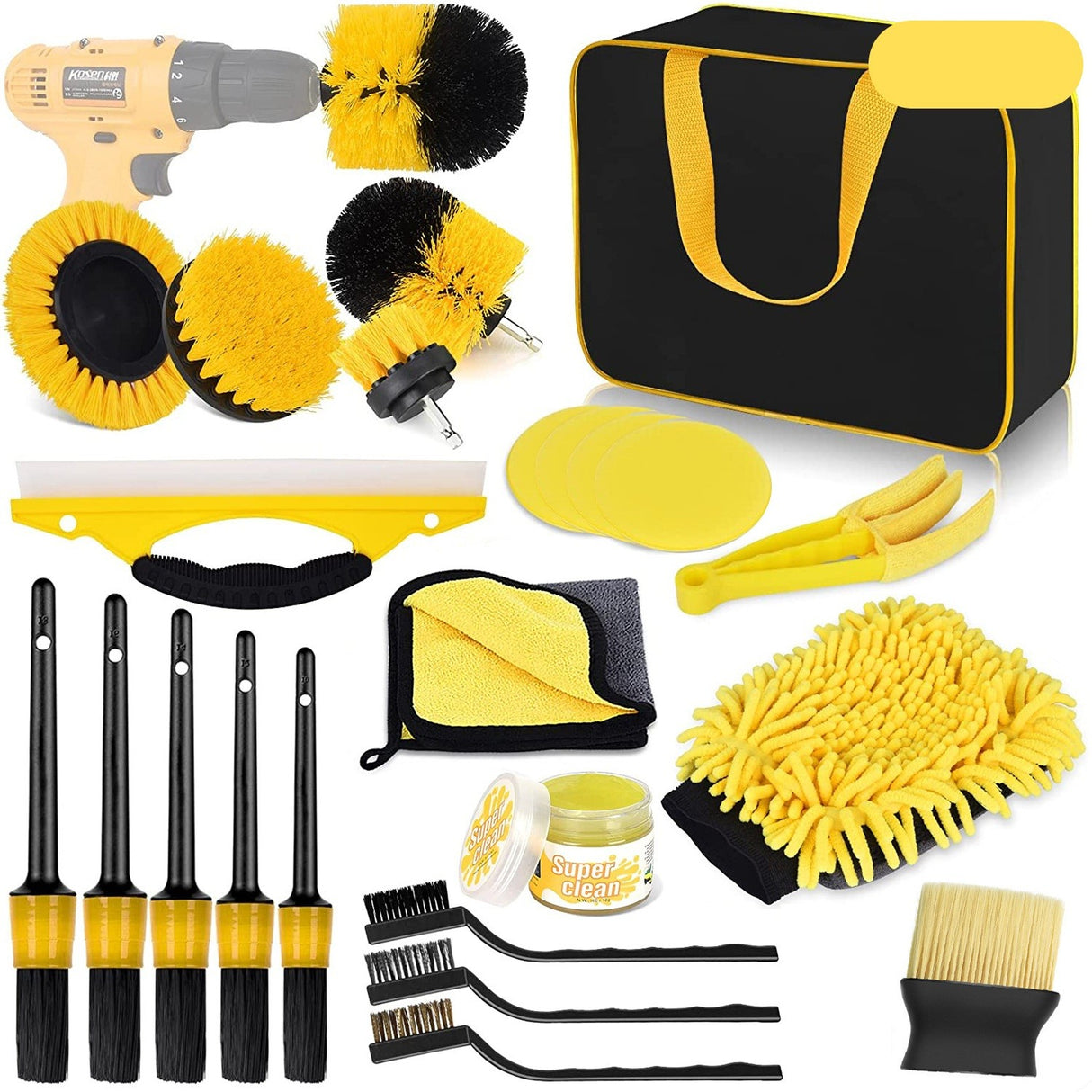 Set 23 Accesorii Pentru Curatare Auto, Din Pp Si Microfibra, Interior/Exterior, /Negru