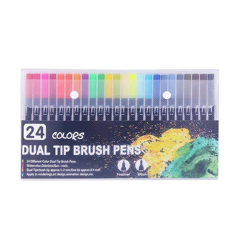 Set 24 Carioci, Pe Baza De Apa, 2 Tipuri De Varf, 1-2 Mm, 0.4 Mm, Corp Carioca Negru, Din Plastic - vivimall.ro