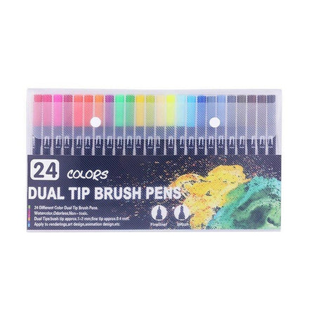 Set 24 Carioci, Pe Baza De Apa, 2 Tipuri De Varf, 1-2 Mm, 0.4 Mm, Corp Carioca Negru, Din Plastic - vivimall.ro