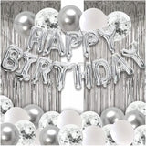 Set 24 de baloane folie si latex, 10 baloane latex simple, 10 bloane latex cu paiete, 4 baloane folie, ribon, 1x2 m perdea, Argintiu